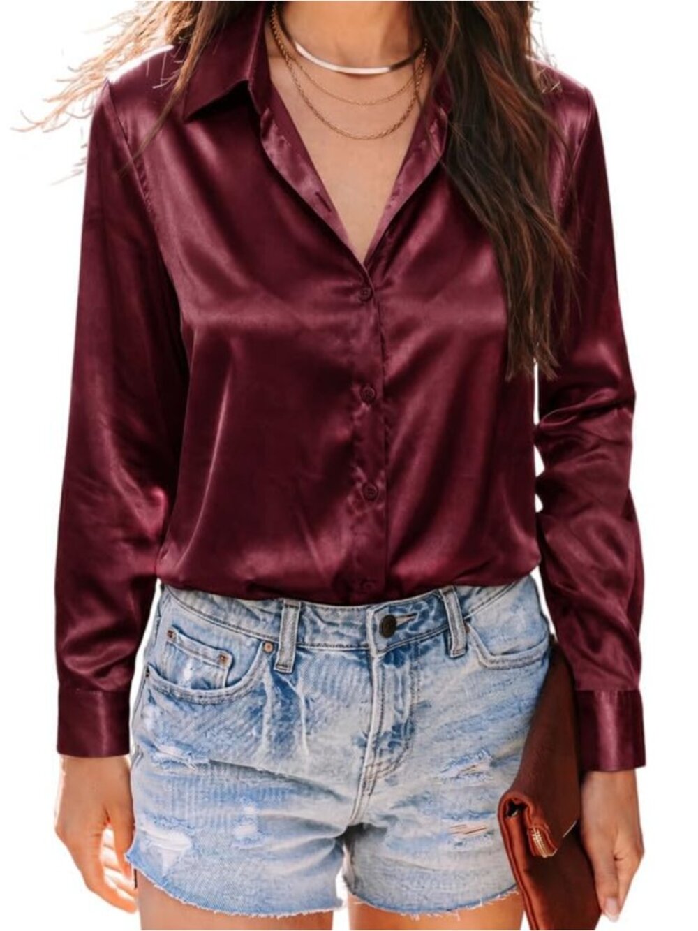 Satin Button Down Shirt Long Sleeve Silky Blouse Office Top